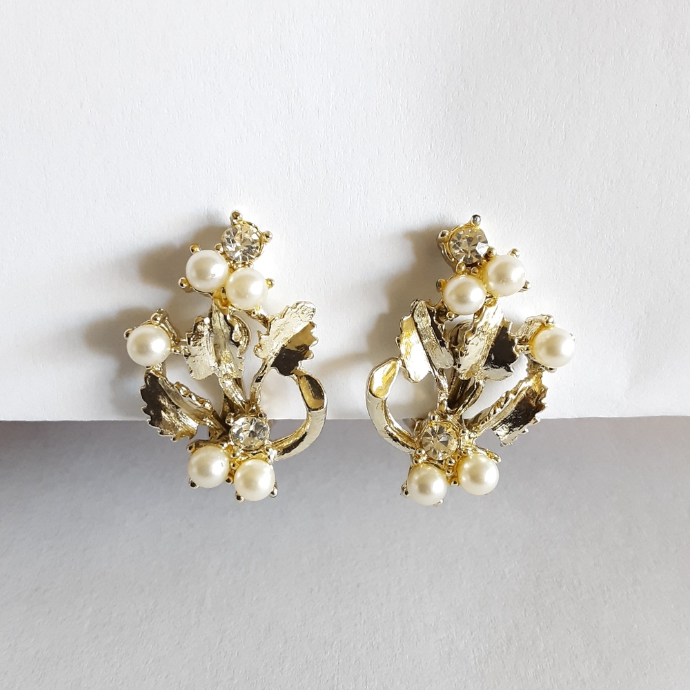 Vintage Gold Tone Clip Earrings Rhinestone Faux Pearl Mid-century Glam Retro